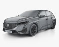 Peugeot 308 HYBRID 2024 Modello 3D wire render
