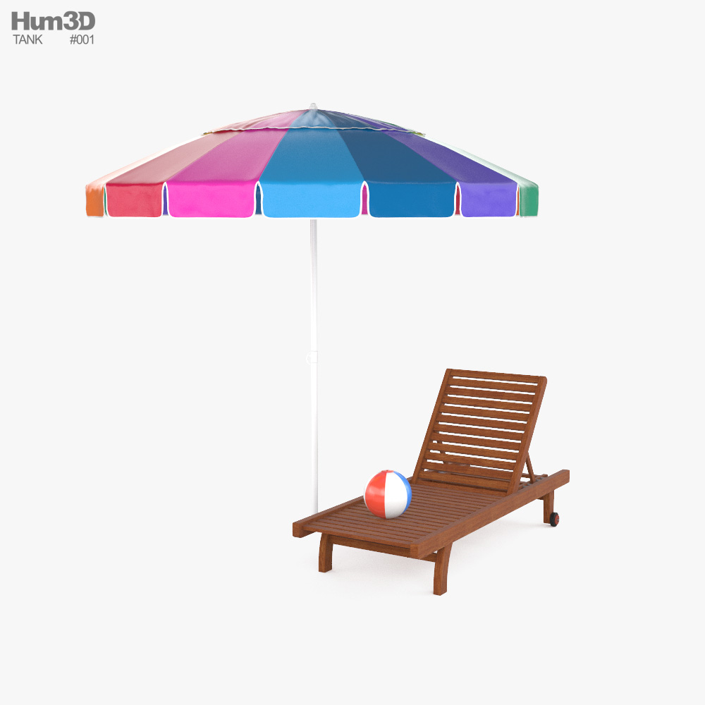Beach Umbrella with Wooden Beach Chair 3D model