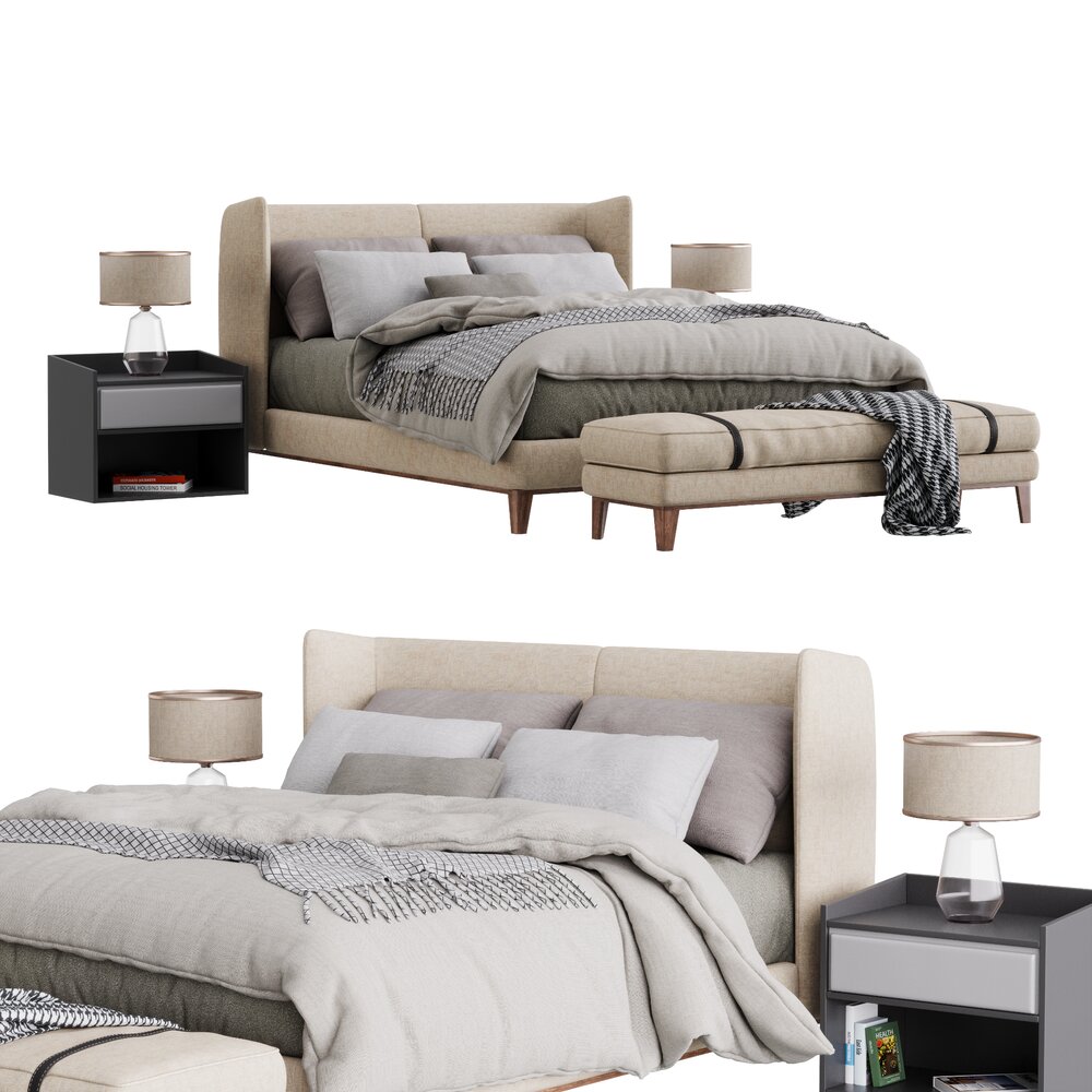 Modern Platform Bed with Nightstands 3D模型