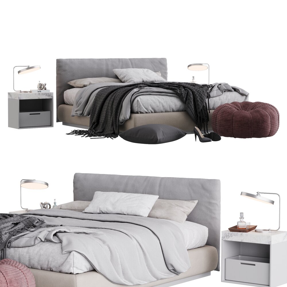 Modern Bed with Nightstand and Ottoman Set 3D-Modell