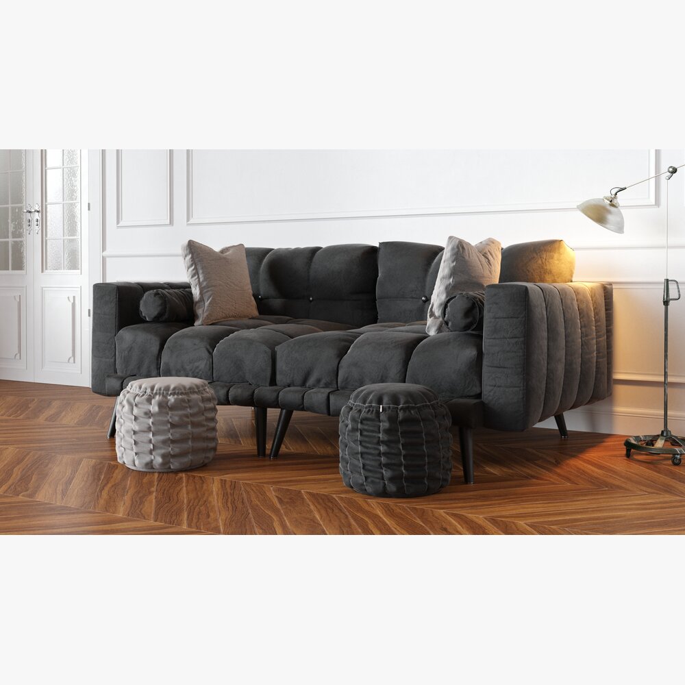Modern Charcoal Sofa with Ottoman Modelo 3d