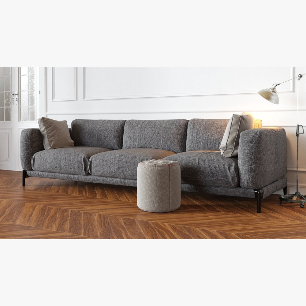Modern Grey Sofa with Ottoman 3D 모델 