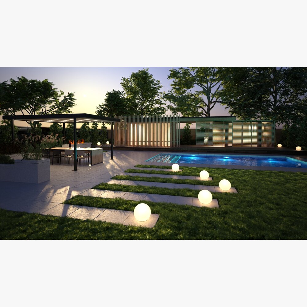 Modern Backyard with Pool 3D-Modell