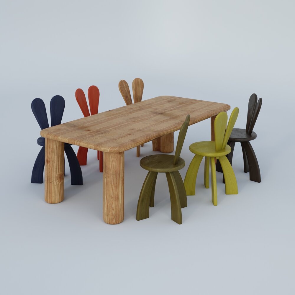 Colorful Bunny Ear Chairs and Table Set 3D модель