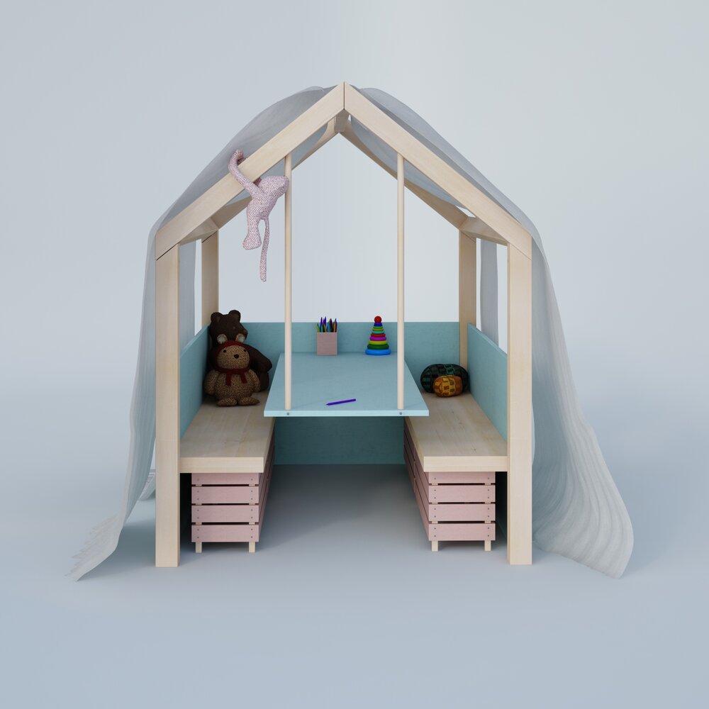 Children's Playhouse Bed with Desk Modello 3D