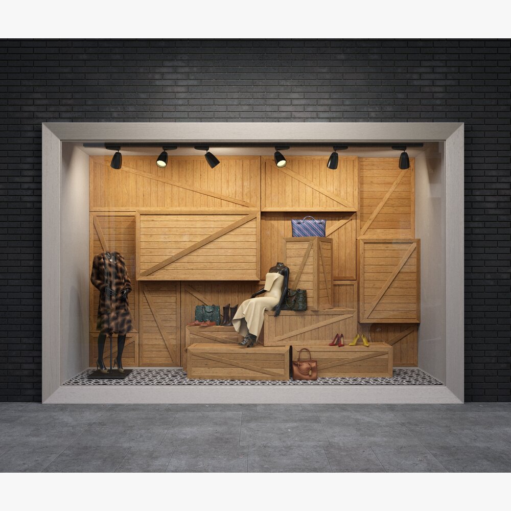 Modern Storefront with Wooden Boxes Modello 3D