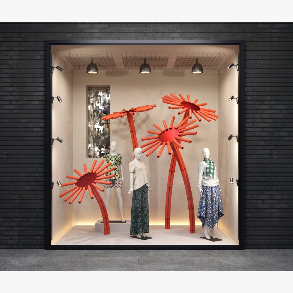 Storefront with Whimsical Red Sculptures Modelo 3D