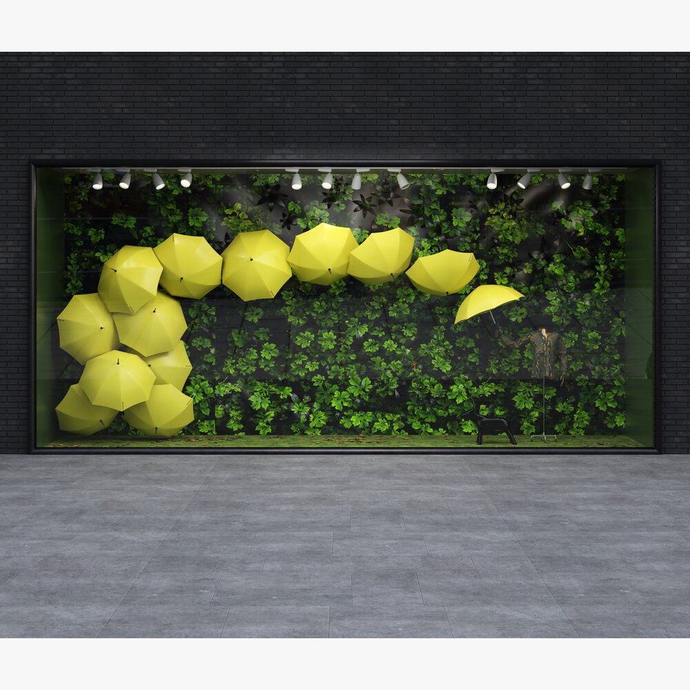 Yellow Umbrellas in Greenery Theme Storefront 3D model