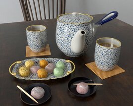 Traditional Tea Set with Mochi Desserts 3D 모델 