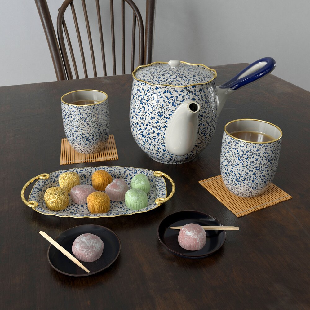 Traditional Tea Set with Mochi Desserts 3Dモデル