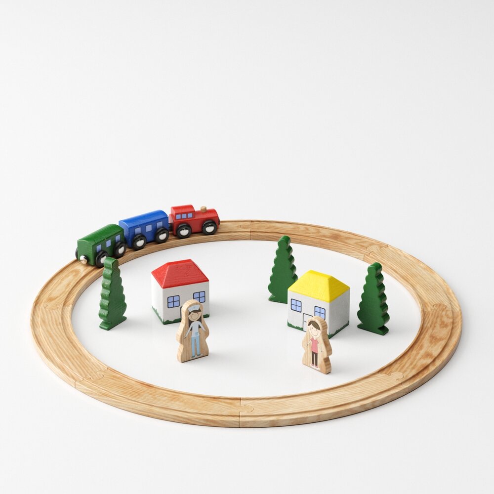Wooden Toy Train and Village Set 3D 모델 