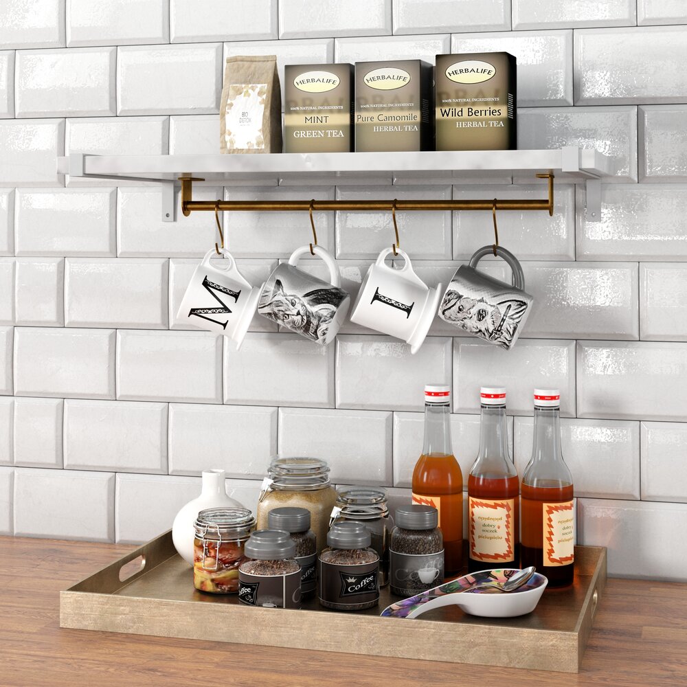 Kitchen Shelf with Hanging Mugs and Jars Modèle 3D