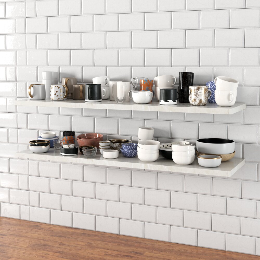 Assorted Kitchenware on Shelves 3D 모델 