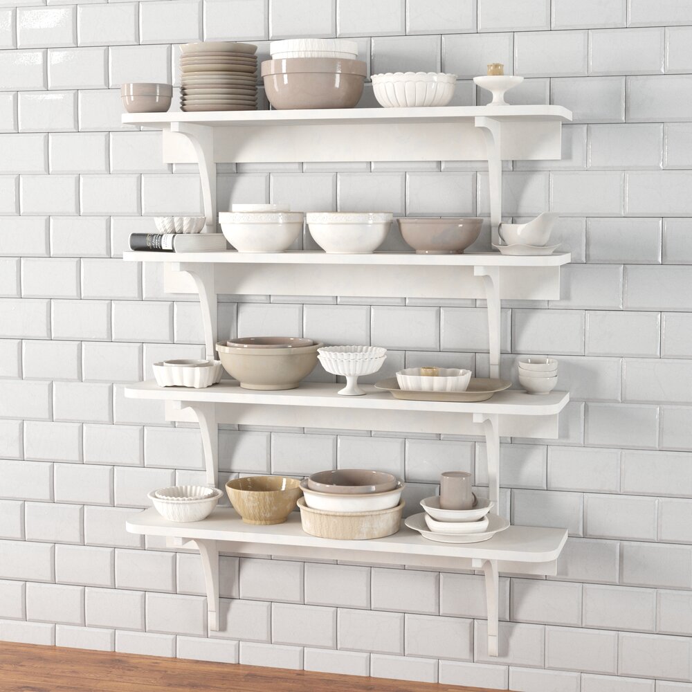 Kitchen Shelves with Dishware 3D 모델 
