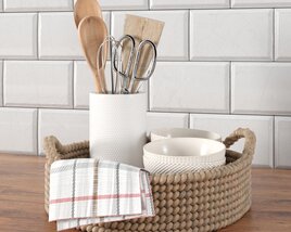 Kitchen Utensils and Woven Basket Modello 3D