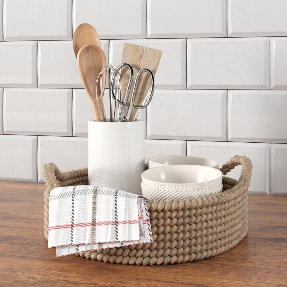 Kitchen Utensils and Woven Basket 3D 모델 