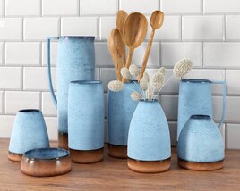 Blue Ceramic Kitchenware Set 3D 모델 