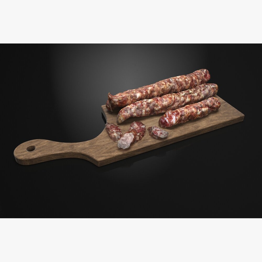 Rustic Salami on Wooden Board 3D model