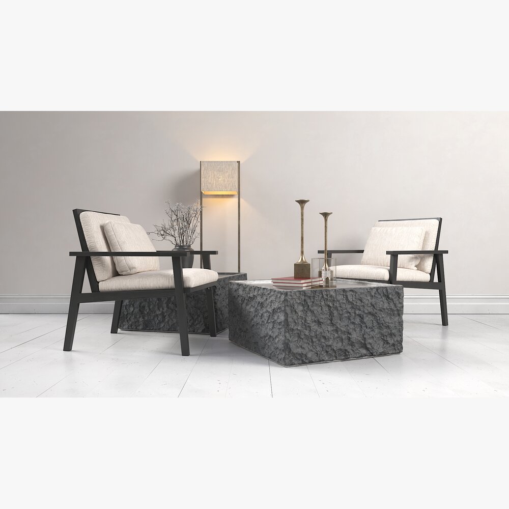 Modern Lounge Chair Set with Stone Coffee Table 3D模型
