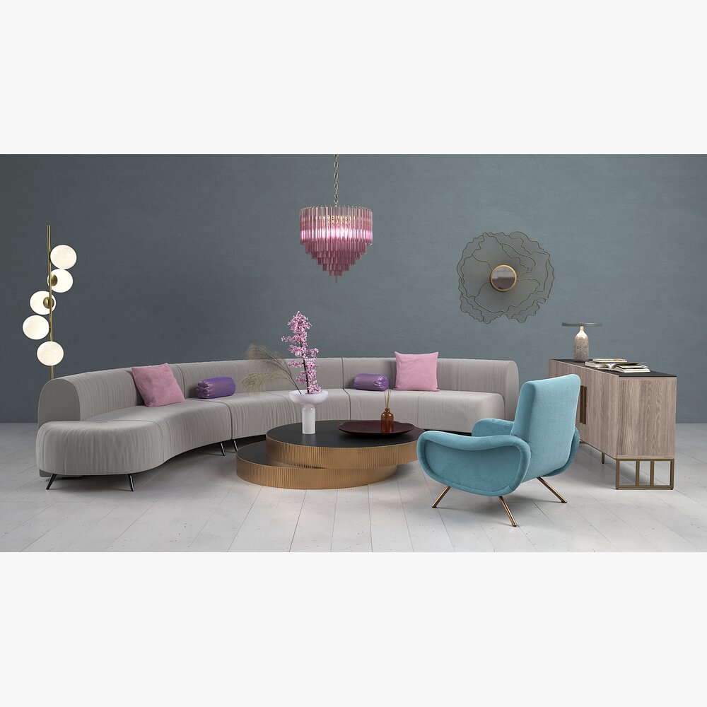 Modern Curved Sofa and Living Room Decor 3D model