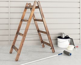 Wooden Stepladder and Painting Supplies 3D model
