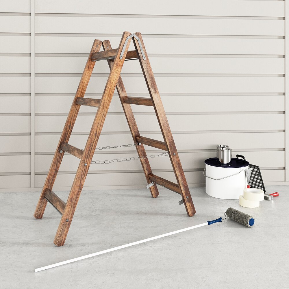 Wooden Stepladder and Painting Supplies 3D模型