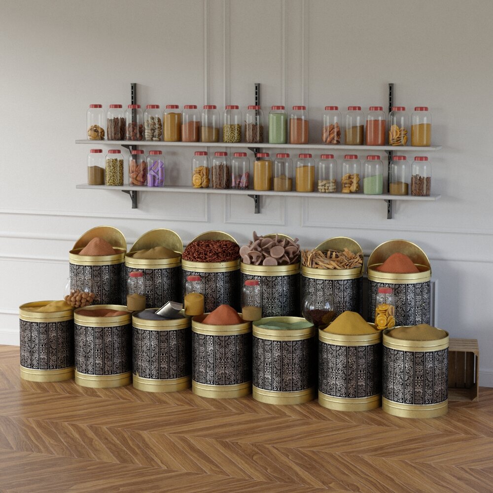 Spices in Traditional Containers Store Display 3D модель