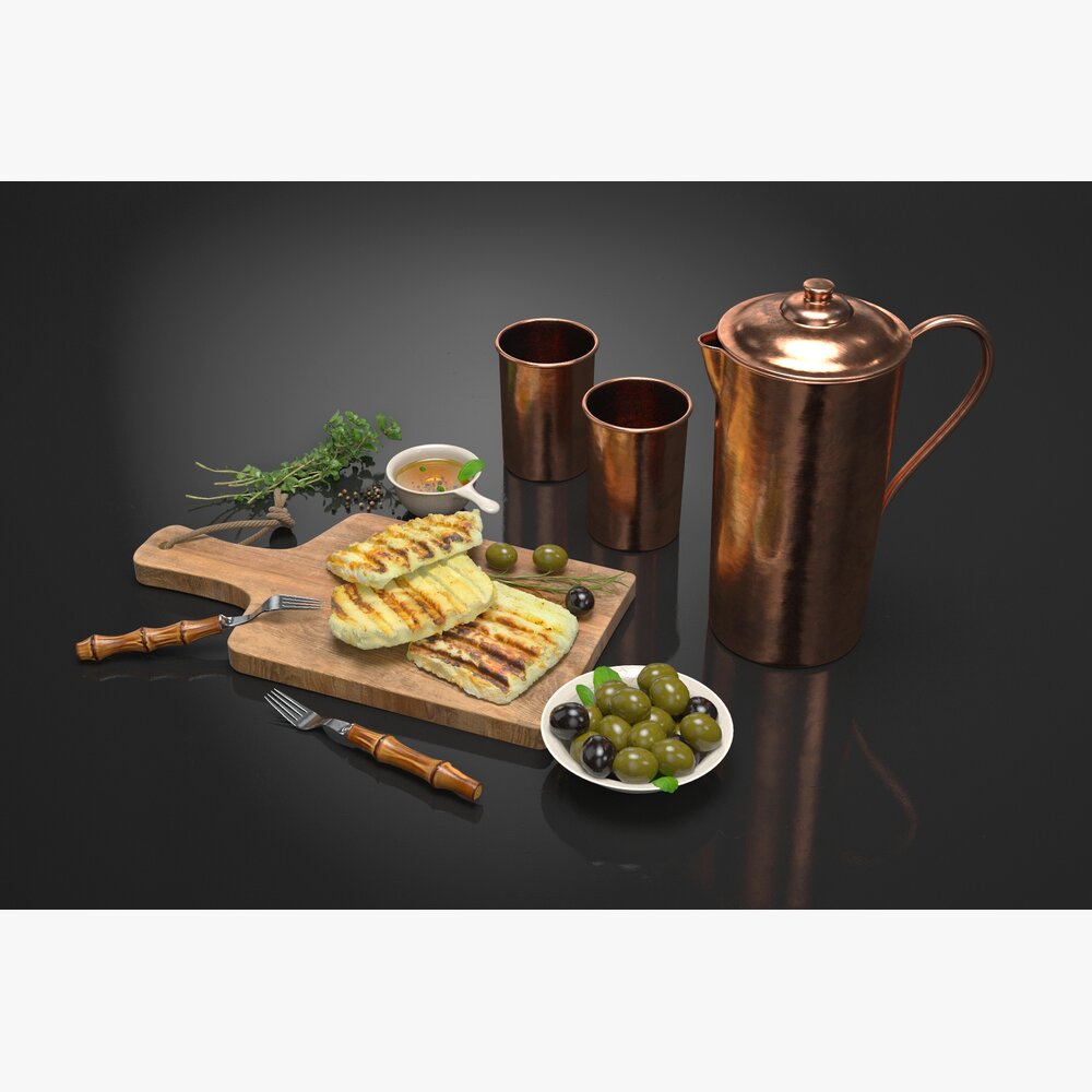 Cheese Platter with Copper Pitcher and Cups Modelo 3d