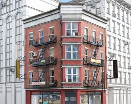 Urban Red Brick Corner Building with Fire Escape Modello 3D