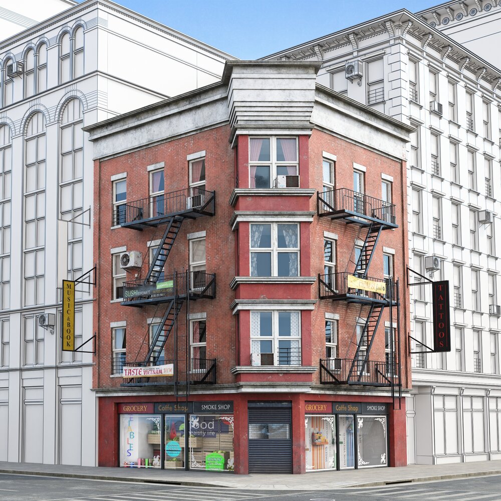 Urban Red Brick Corner Building with Fire Escape Modello 3D
