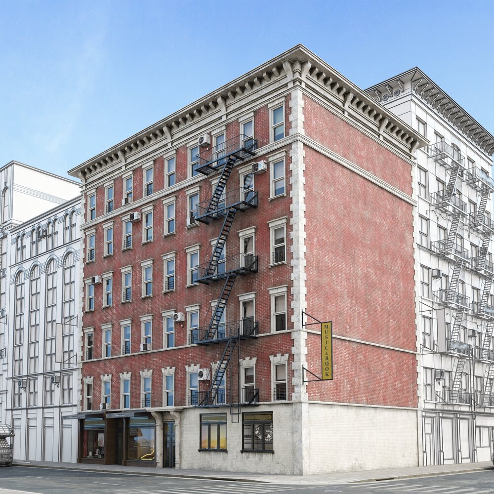 Urban Apartment Building with Fire Escape Modello 3D