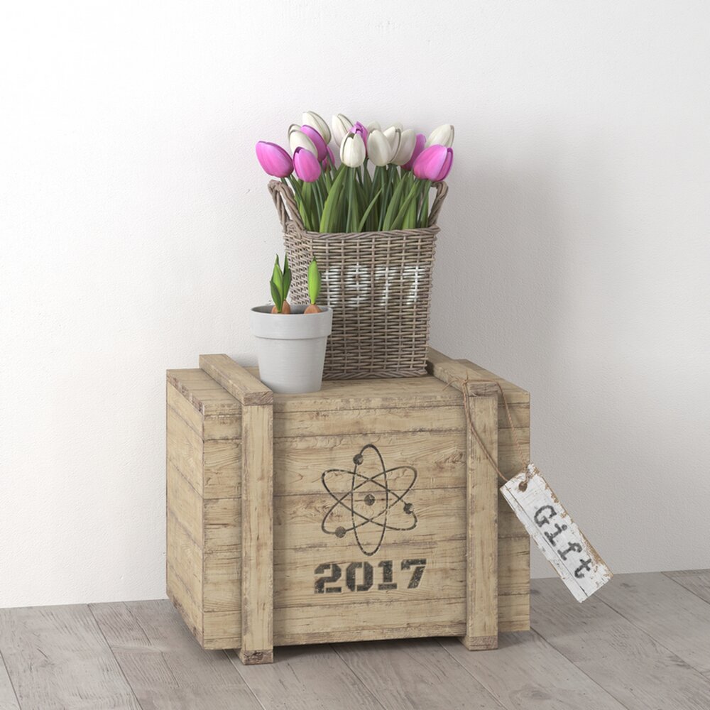 Basket of Tulips on Wooden Crate Modello 3D