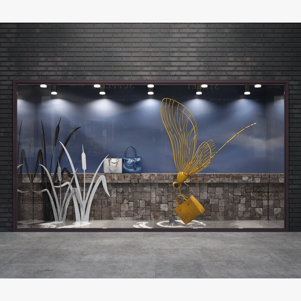 Golden Dragonfly Sculpture Theme Storefront Modèle 3D