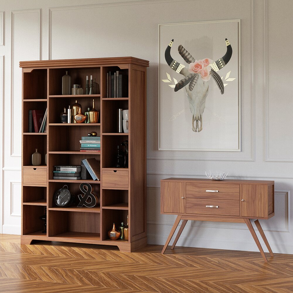 Wooden Bookcase and Sideboard Set Modello 3D