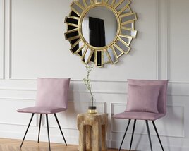 Sunburst Wall Mirror and Modern Chairs 3D модель