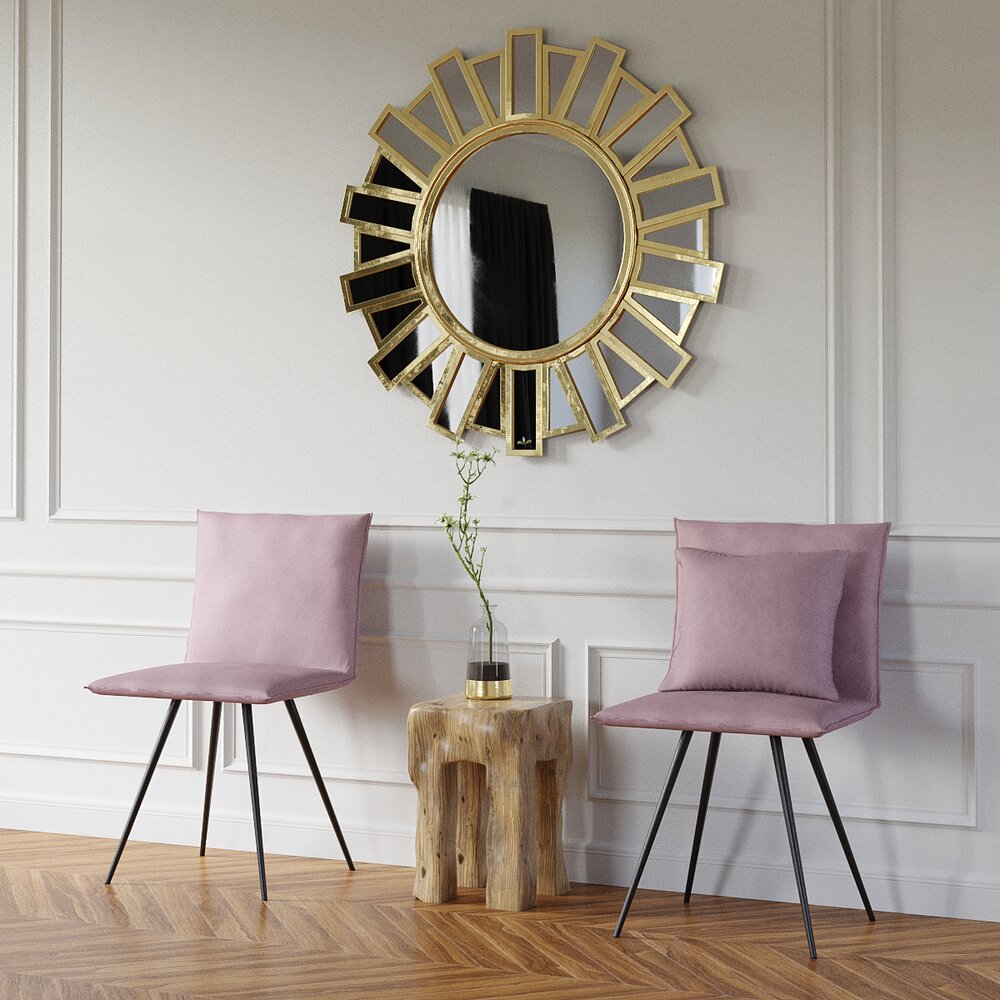 Sunburst Wall Mirror and Modern Chairs 3D model