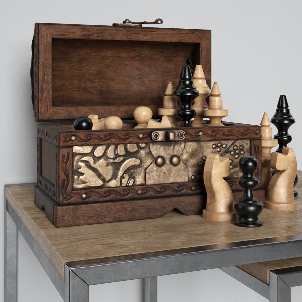 Ornate Wooden Chess Set 3D model