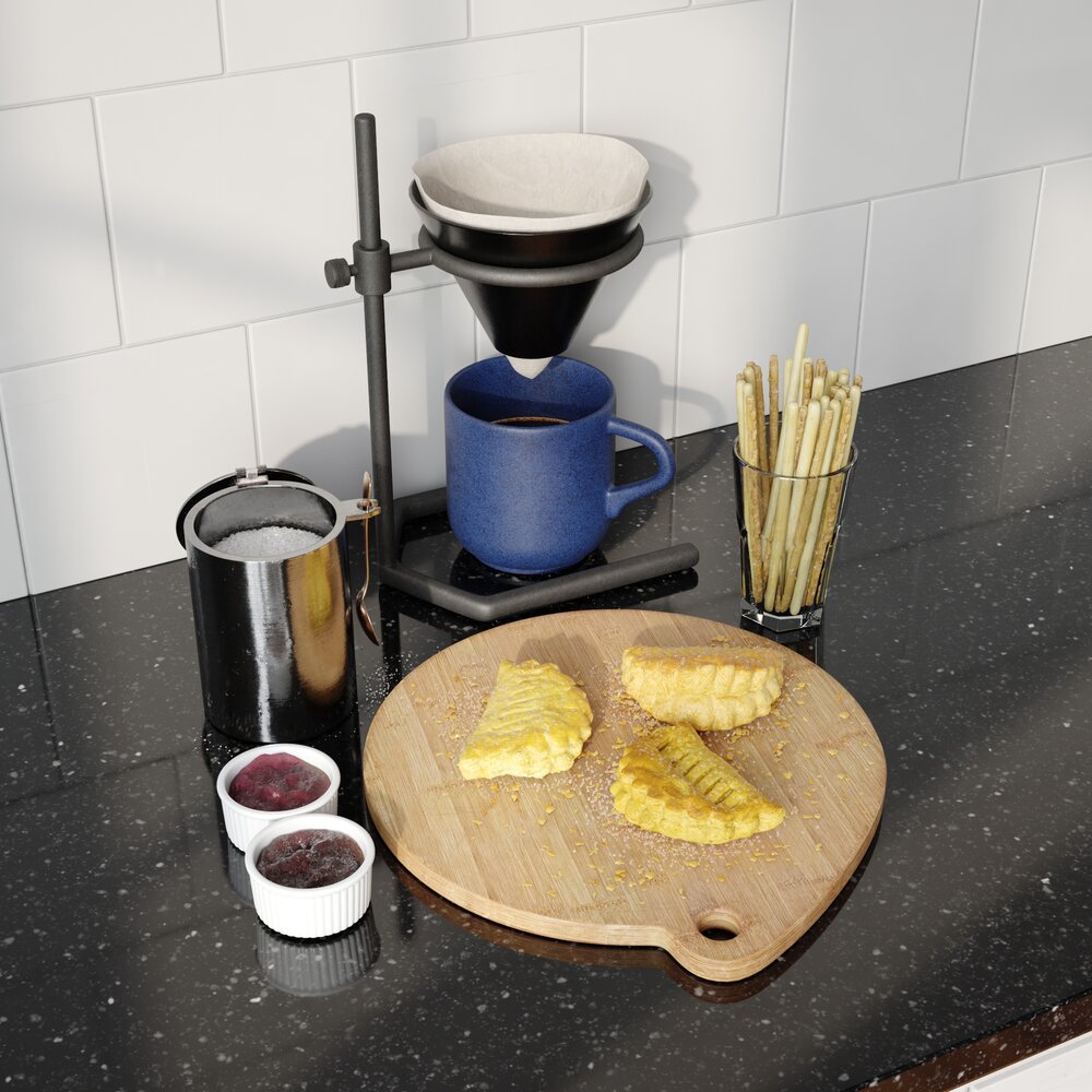 Morning Coffee Setup with Pastries Modello 3D