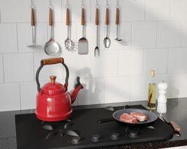 Red Kettle with Meat on a Pan 3D 모델 