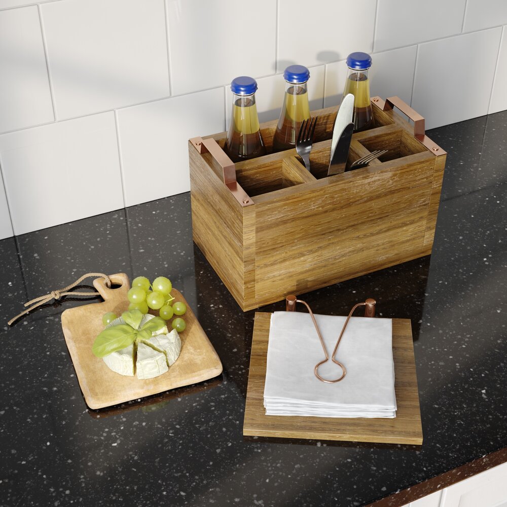 Wooden Condiment Caddy with Cheese and Grapes Modello 3D
