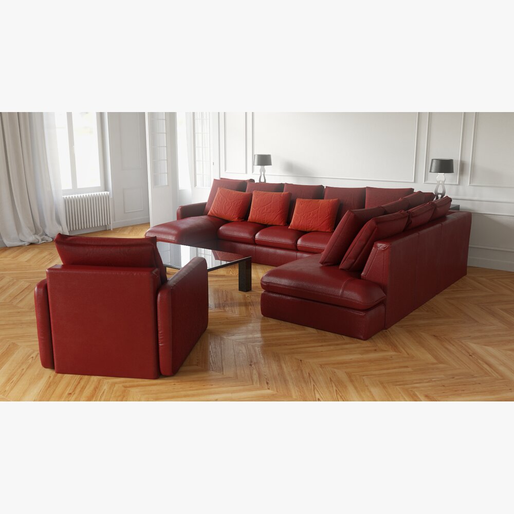 Modern Red Leather Sofa Set Modèle 3D