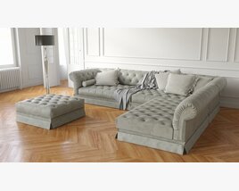 Elegant Tufted Sectional Sofa with Matching Ottoman 3D-Modell