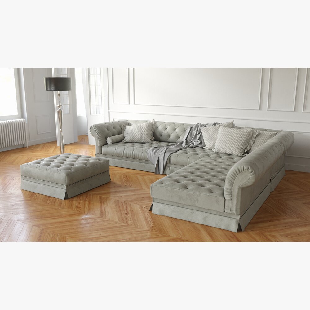Elegant Tufted Sectional Sofa with Matching Ottoman Modelo 3d