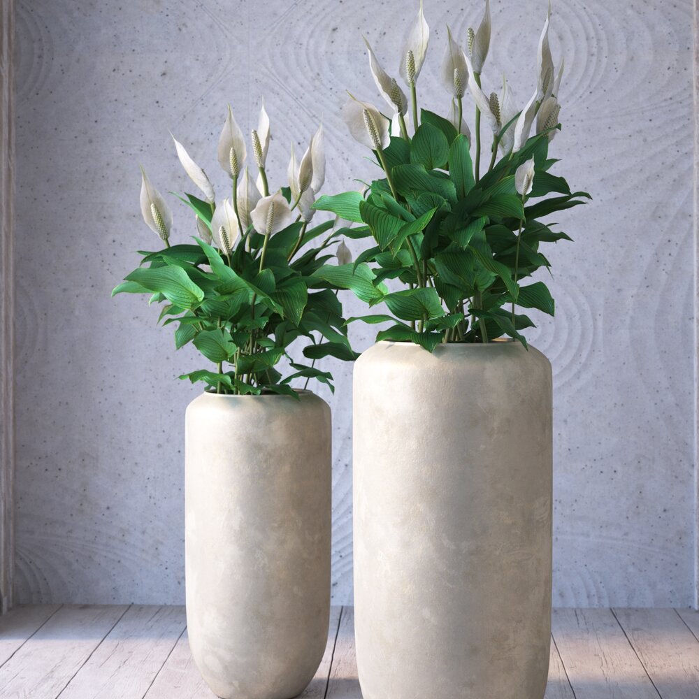 White Blossoms in Stone Vases 3D-Modell