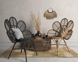 Bohemian Rattan Chair Set 3D model