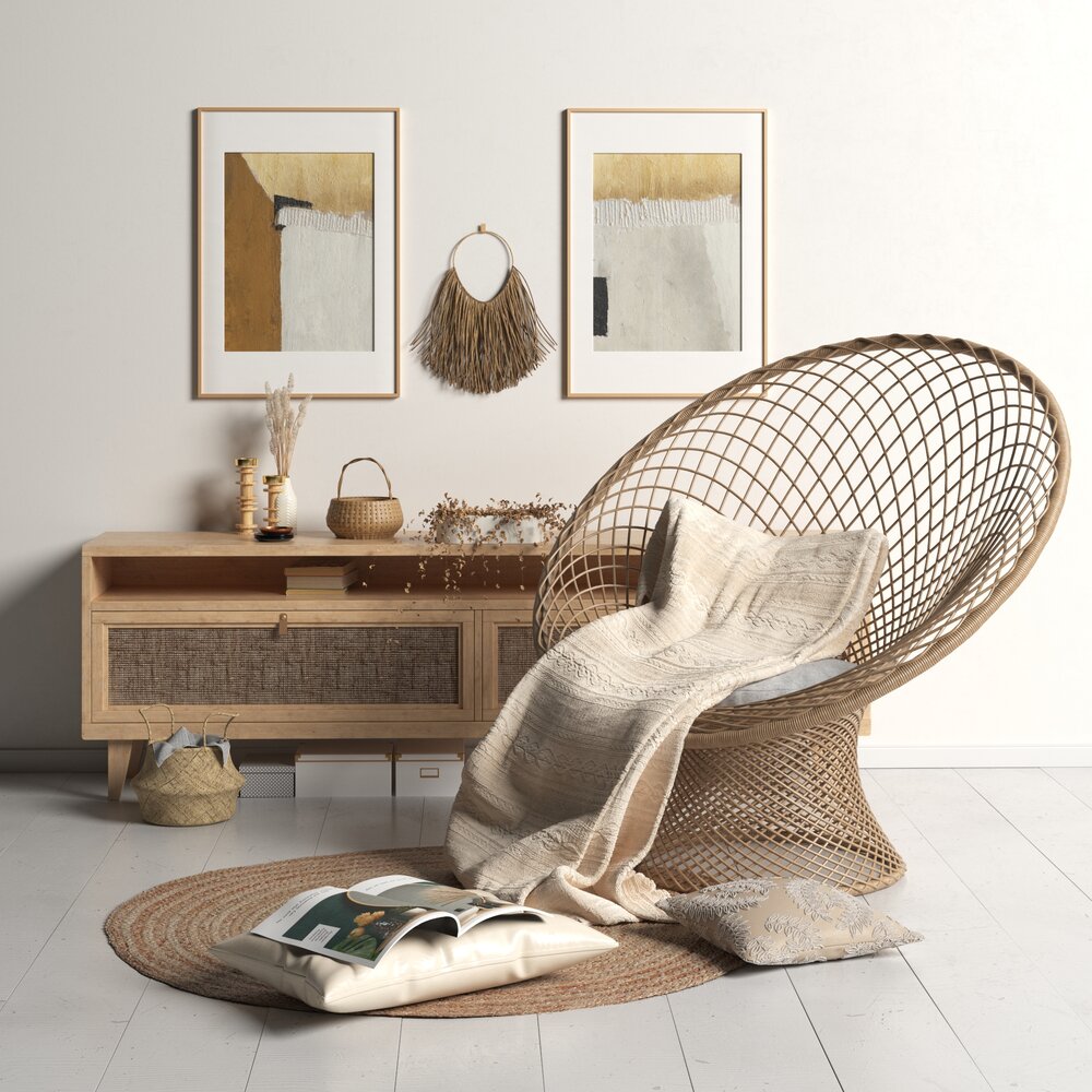 Living Room Set with Rattan Lounge Chair 3Dモデル