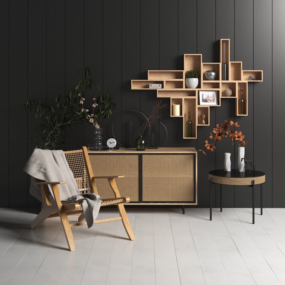 Living Room Set with Wall Shelf Decor 3d model