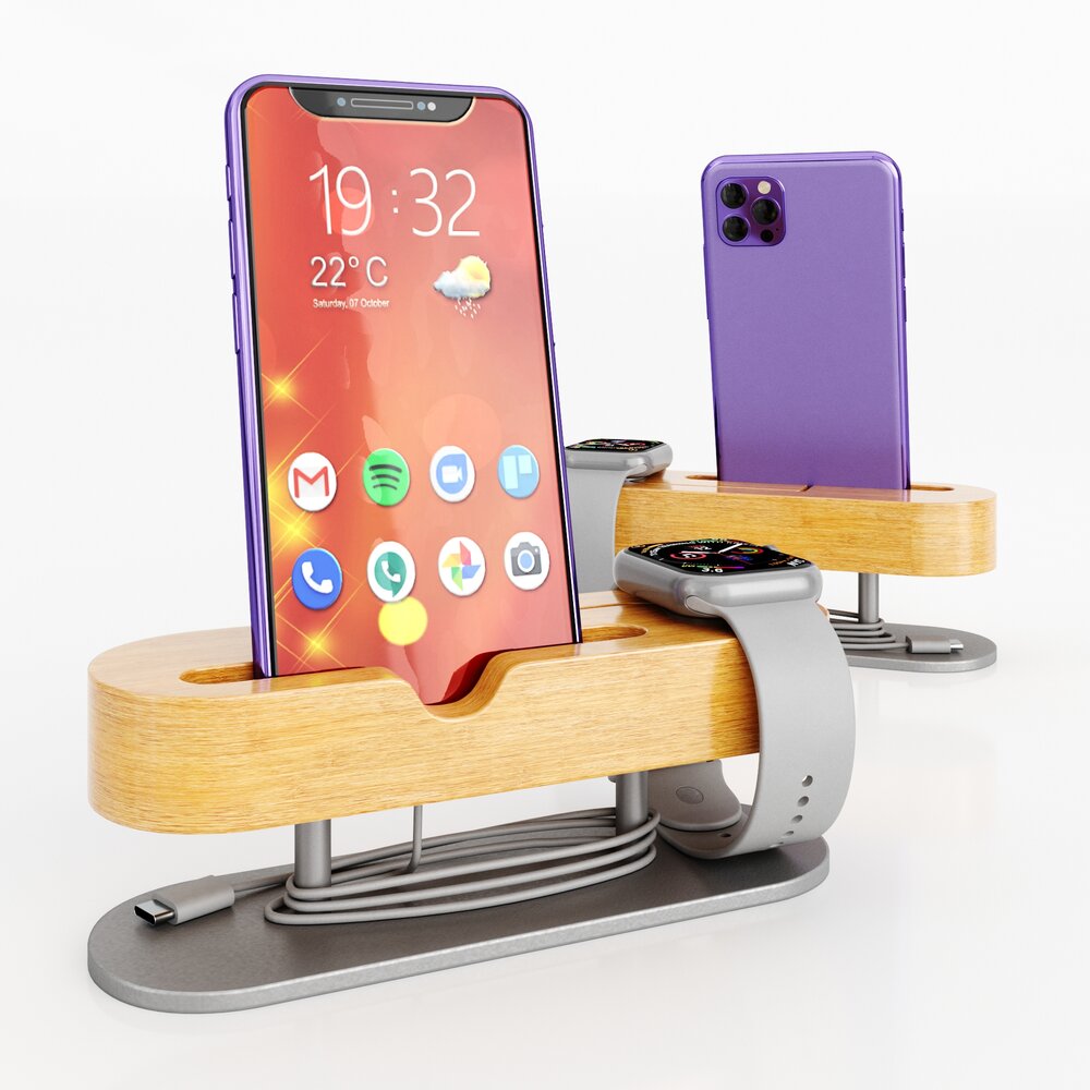 Wooden Docking Station with Phone and Smartwatch 3D model
