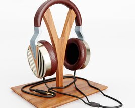 Wooden Headphone Stand with Headphones 3D model