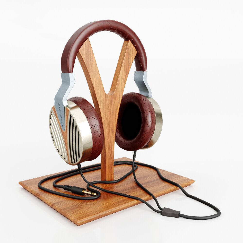 Wooden Headphone Stand with Headphones Modello 3D